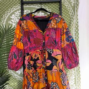 Cynthia Rowley Patchwork Floral Boho Maxi Dress Tiered Balloon Sleeve XL